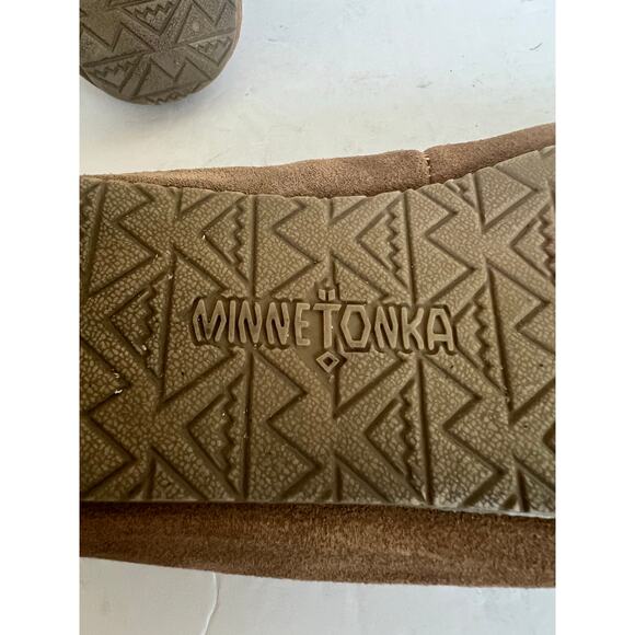 Minnetonka Cally Brown Suede Slip On Faux Fur Lined Bow Flat Slipper Shoes Sz 10 - Picture 11 of 11